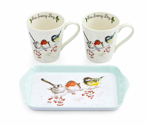  Royal Worcester  Dienblad met 2 kleine bekers Wrendale One Snowy Day 
