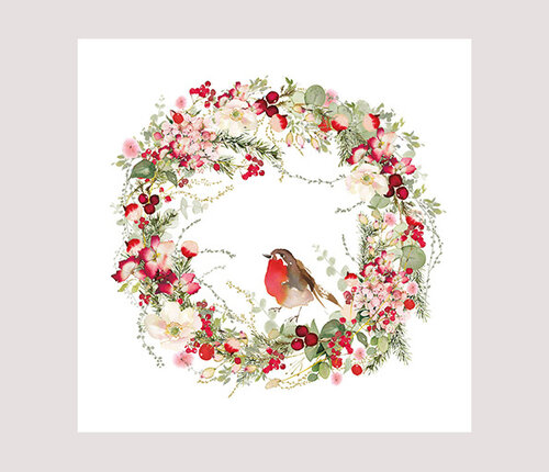 PPD - Paperproducts Design Pakje 20 Kerstservetten Roodborstje in Kerstkrans 33x33 cm 