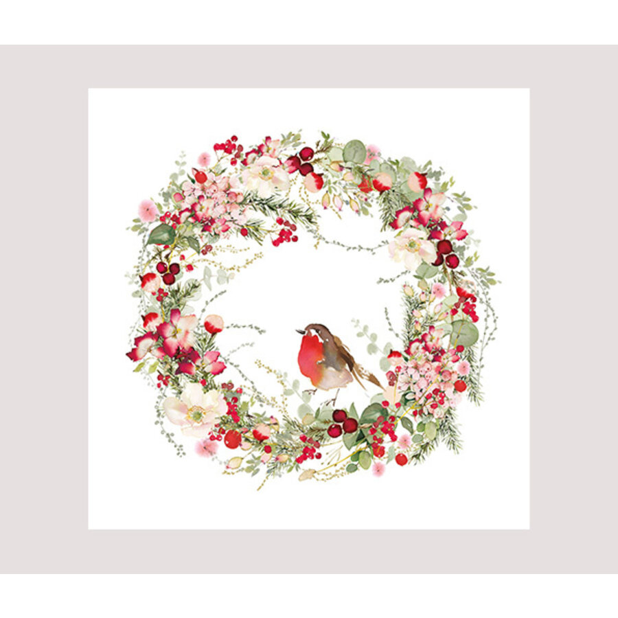Pakje 20 Kerstservetten Roodborstje in Kerstkrans 33x33 cm-1