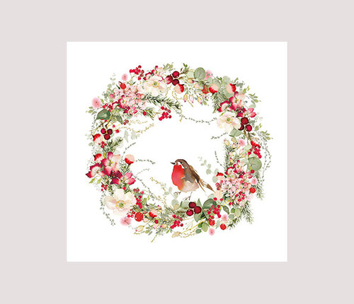  PPD - Paperproducts Design Pakje 20 Kerstservetten Roodborstje in Kerstkrans 25x25 cm 