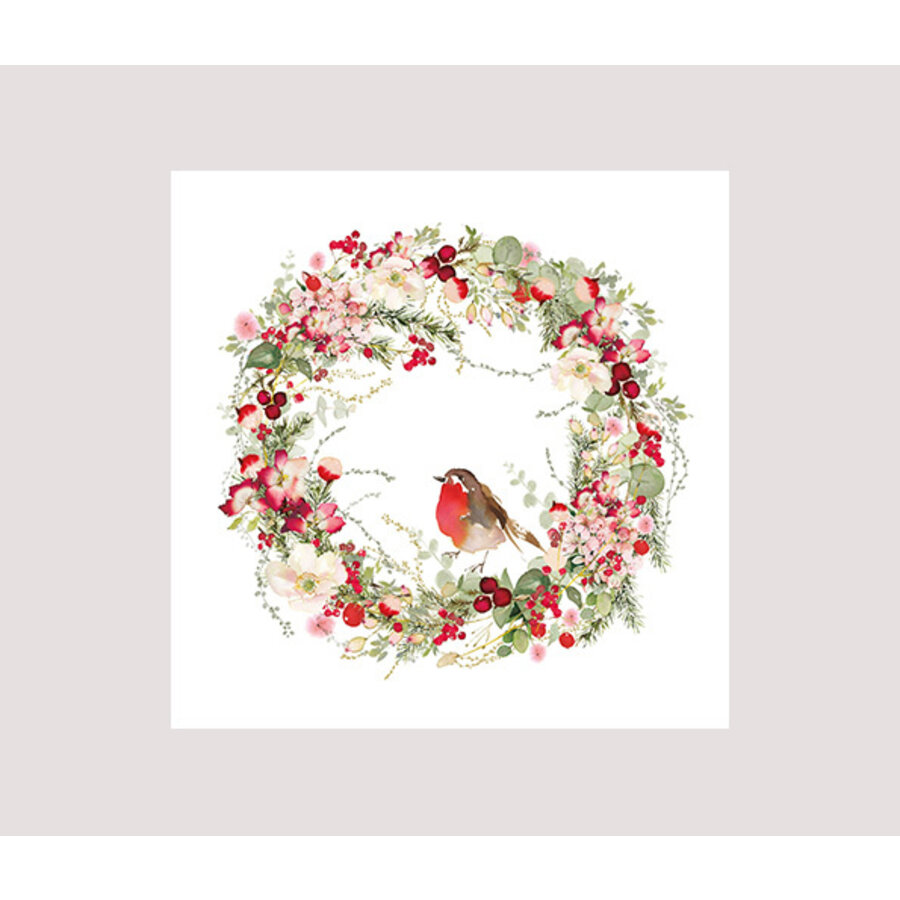 Pakje 20 Kerstservetten Roodborstje in Kerstkrans 25x25 cm-1