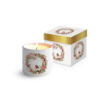 Sfeerlichtje parafinekaars 8,5 cm hoog in geschenkverpakking Roosborstje in Kerstkrans