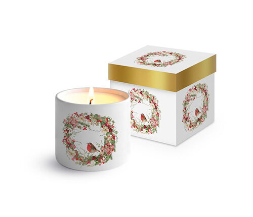  PPD - Paperproducts Design Sfeerlichtje parafinekaars 8,5 cm hoog in geschenkverpakking Roodborstje in Kerstkrans 