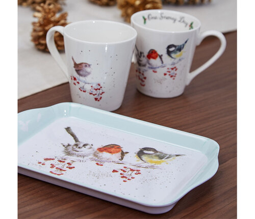  Royal Worcester  Wrendale Christmas: One Snowy Day 2 bekers met decor vogeltjes op schoteltje 