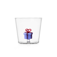 Beker / Glas met blauw pakje of geschenk met rode strik