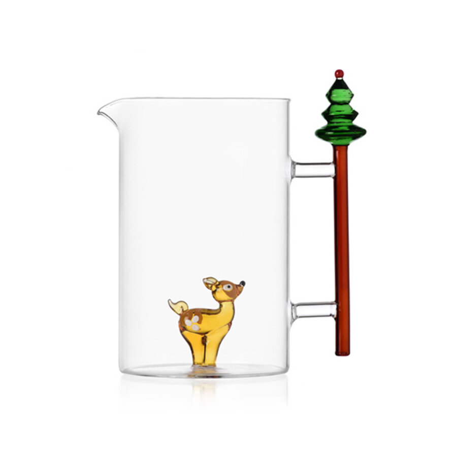 Glazen kruik met ree of bambi en kerstboom op het handvat-1