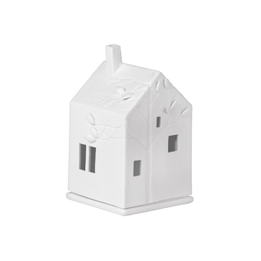 Klein lichthuis wit porselein 13 cm met takken en bladeren-1