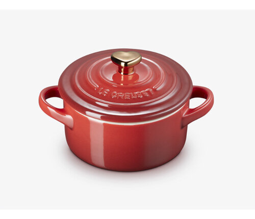  Le Creuset Mini-cocotte rood  aardewerk met verguld hartje op deksel 