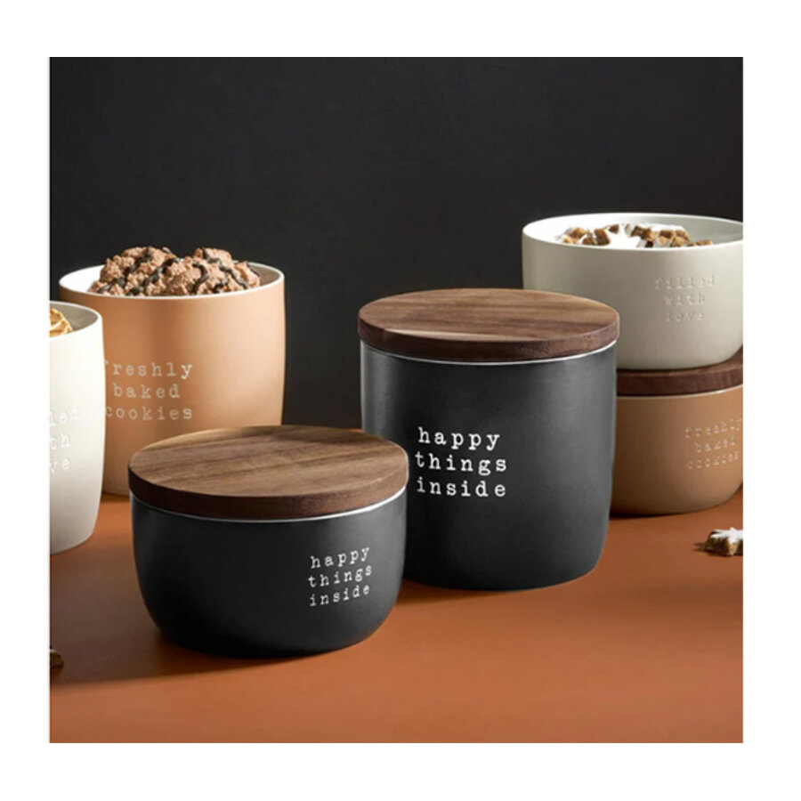 Voorraaddoos / Koekjesdoos ' Happy things inside ' h. 14.5 cm met houten deksel-2