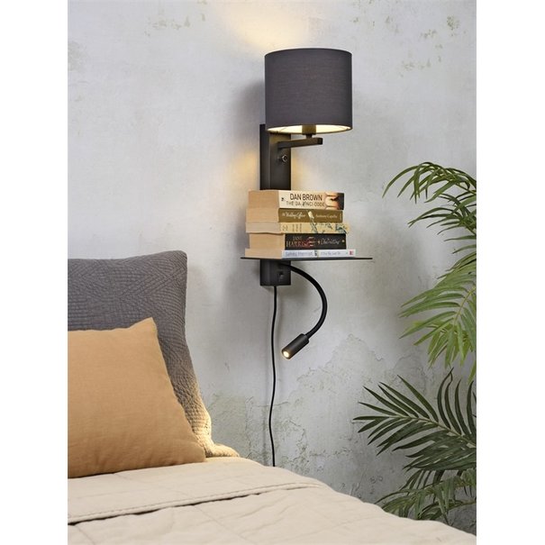 It's about RoMi Wandlamp FLORENCE XL: met lampenkap, leeslamp, boekenplank en usb-oplader