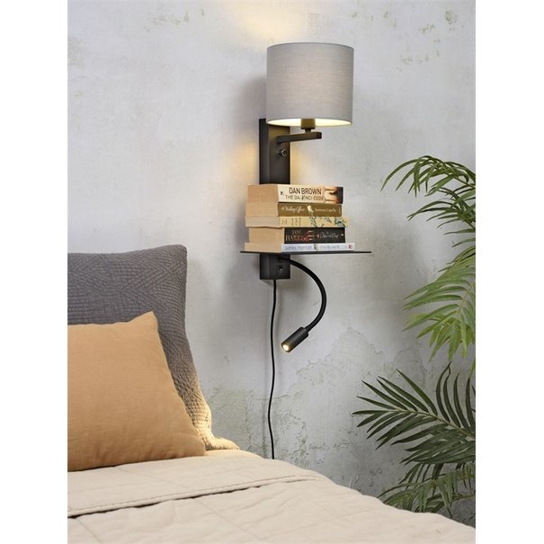 It's about RoMi Wandlamp FLORENCE XL: met lampenkap, leeslamp, boekenplank en usb-oplader