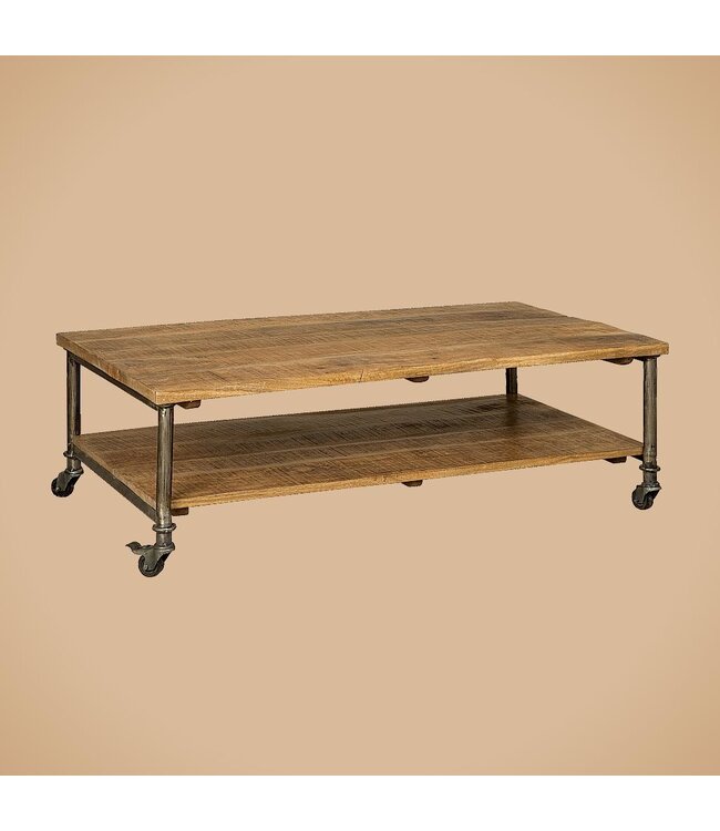 Renew Salontafel met wieltjes, mangohouten blad en metalen frame