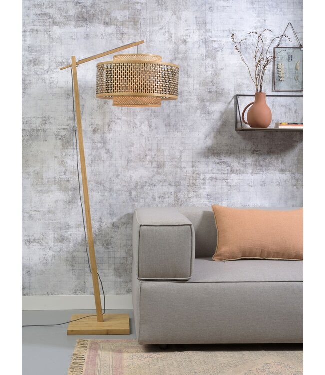 Vloerlamp Bhutan bamboe met korte arm, in 3 maten
