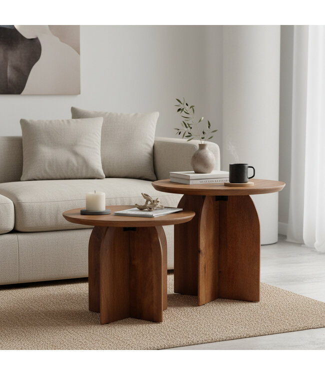 Bullnose mangohouten bijzettafel cross Ø 50 cm