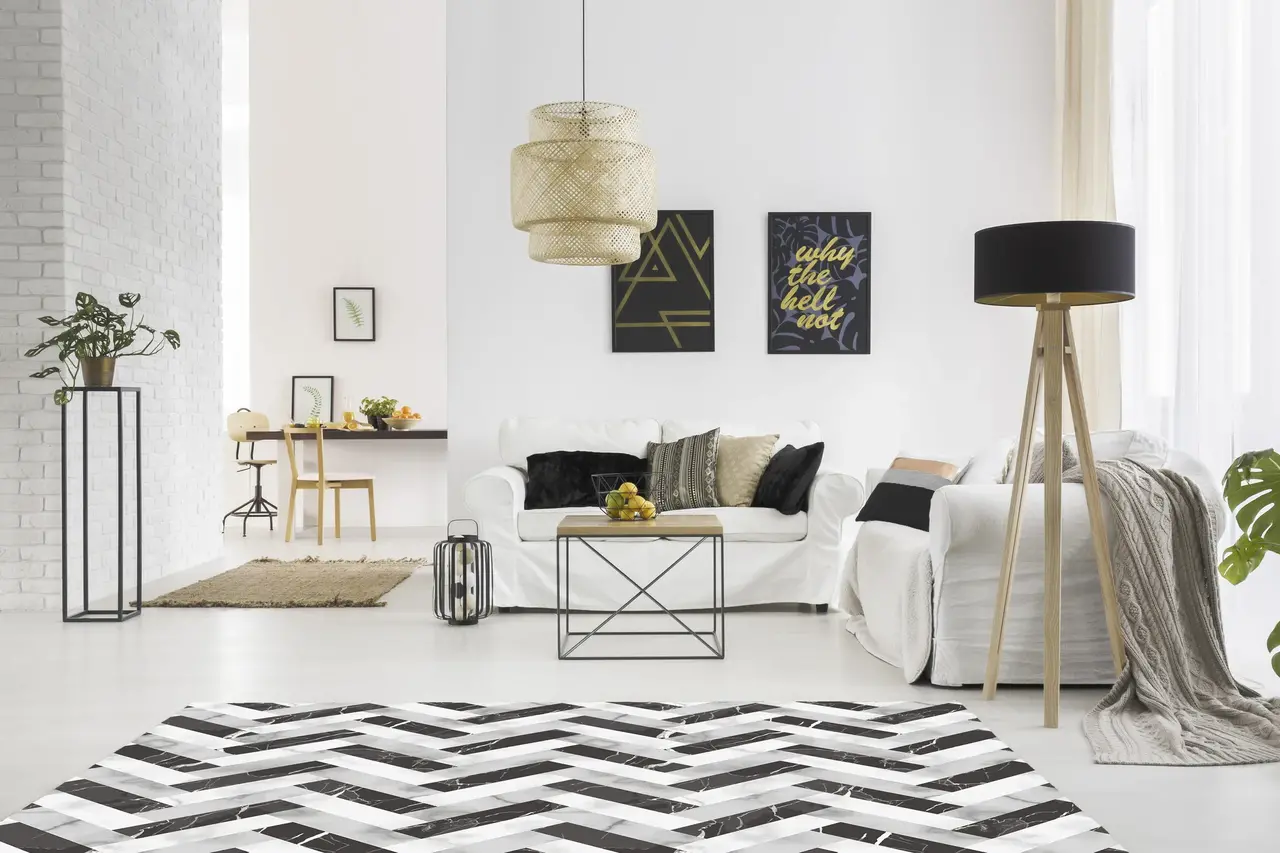 Vinyl rug | Marble herringbone - black/white Vinyl rug | Marble herringbone - black/white
