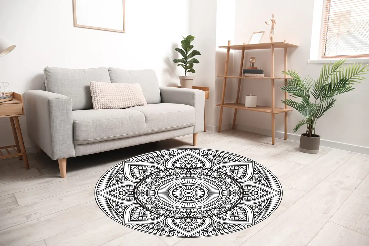 Vloerkleed vinyl rond | Mandala zwart/wit Vloerkleed vinyl rond | Mandala zwart/wit