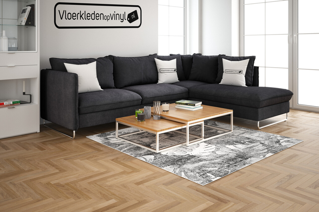 floorevents.com Vloerkleed vinyl | Leaves zwart/wit