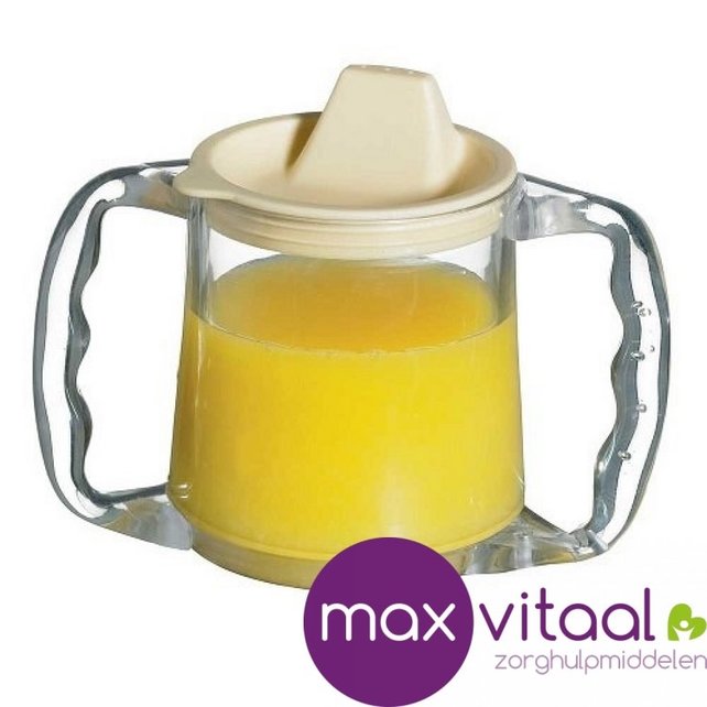 Drinkbeker transparant, 2 grote handgrepen, tuitdeksel Drinkbeker transparant, 2 grote handgrepen, tuitdeksel