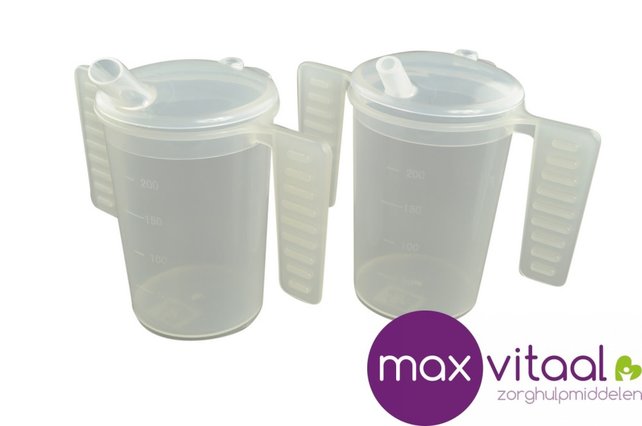 Drinkbeker, 2 platte handgrepen, 2 tuitdeksels (kleine/grote opening)