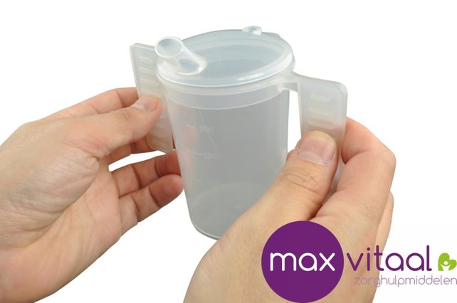 Drinkbeker, 2 platte handgrepen, 2 tuitdeksels (kleine/grote opening)