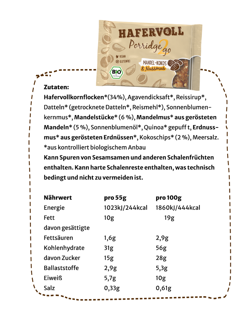 HAFERVOLL 13er Box - Porridge2go Mandel Kokos - Bio