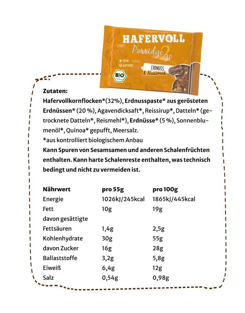 HAFERVOLL 13er Box - Porridge2go Erdnuss - Bio