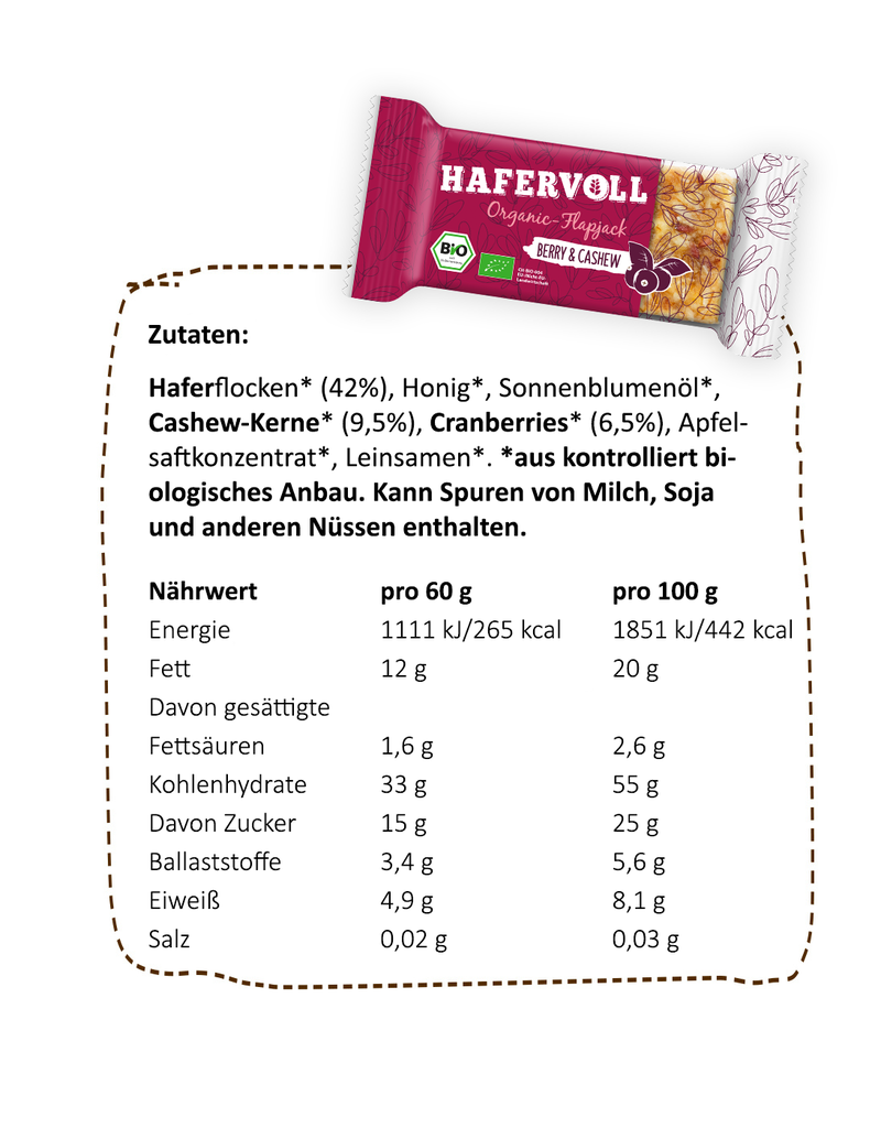 HAFERVOLL 18er Box - Organic Flapjack Berry & Cashew - Bio-zertifiziert