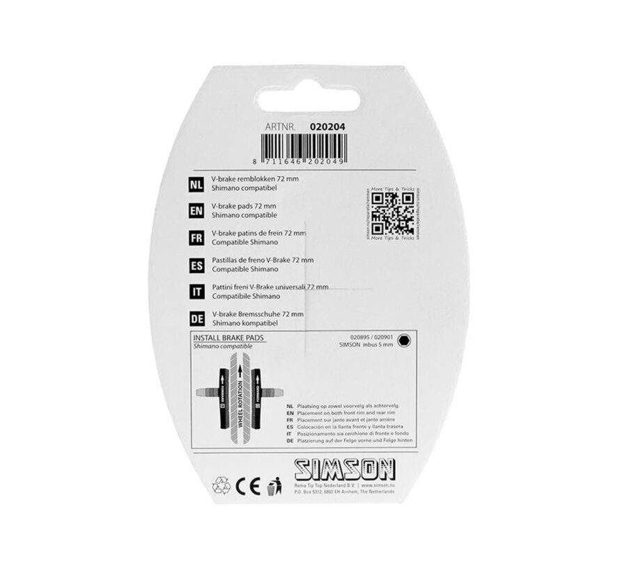 Remblokken Simson v-brake 72 mm