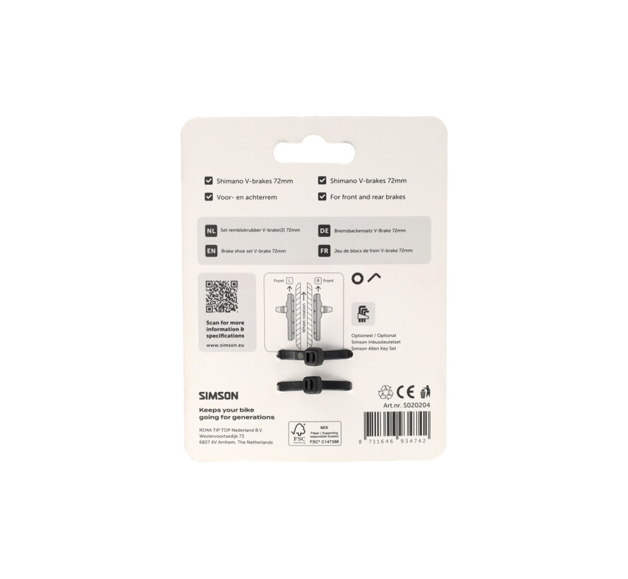 Remblokken Simson v-brake 72 mm
