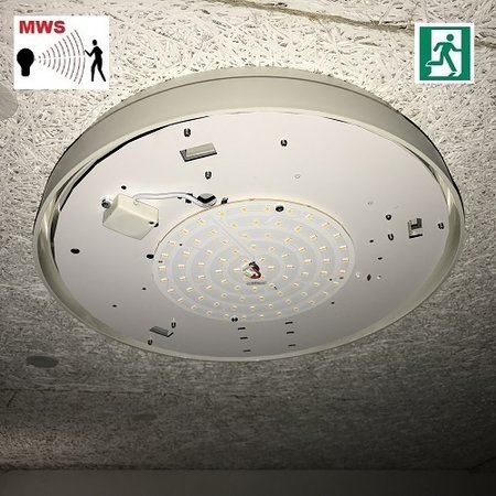 - LM305 Base-line module 2,5-10,5W, laag 190/hoog 1450 lumen, met bewegingssensor on/off of on/DIM(corridor-functie), met nood (200 lumen, 2W), 2700K