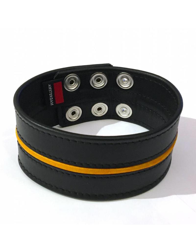 RoB Leather Bicepsband Black 50 mm wide with Yellow Piping and Press Studs