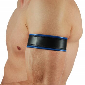 RoB Leder Bicepsband Schwarz/Blau mit Lederriemen