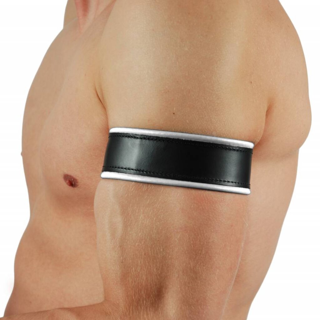 RoB Leder Bicepsband Schwarz/Weiss mit Lederriemen