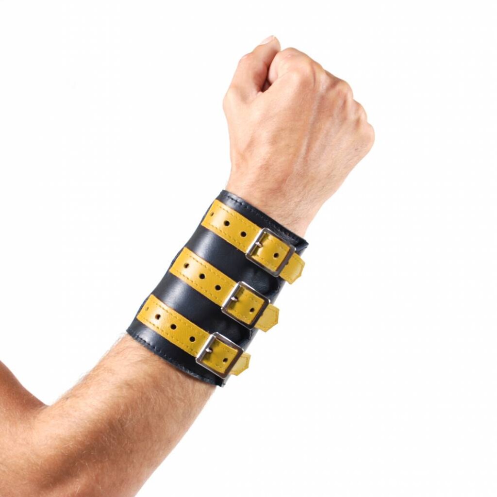 RoB Soft Leather 3 Buckled Wristband Black with Yellow Straps