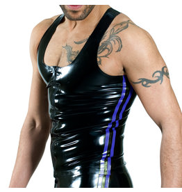 RoB Rubber Y-back singlet with front zip and blue stripes