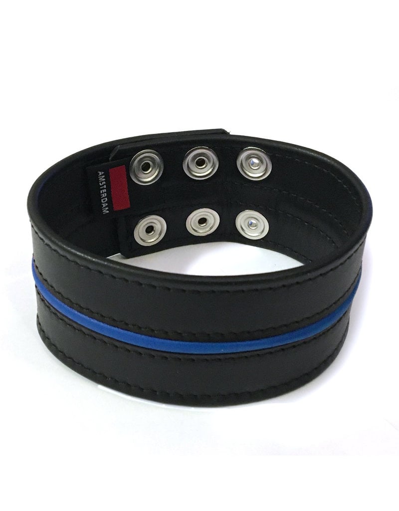 RoB Leather Bicepsband Black 50 mm wide with Blue Piping and Press Studs
