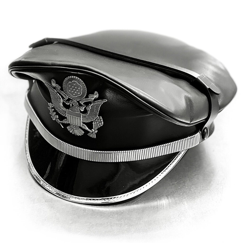 RoB Leather Military Cap, Silver Trim, Extension Strap & Patch