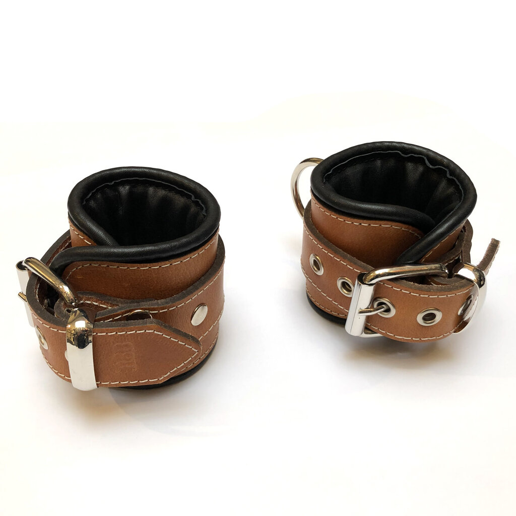 RoB Leather Wrist Restraints Brown with Black Piping