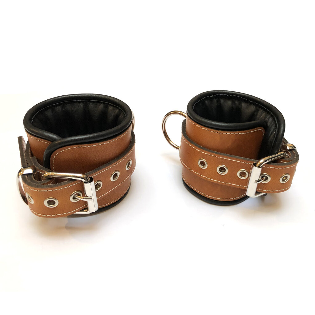 RoB Leather ankle restraints brown with black piping