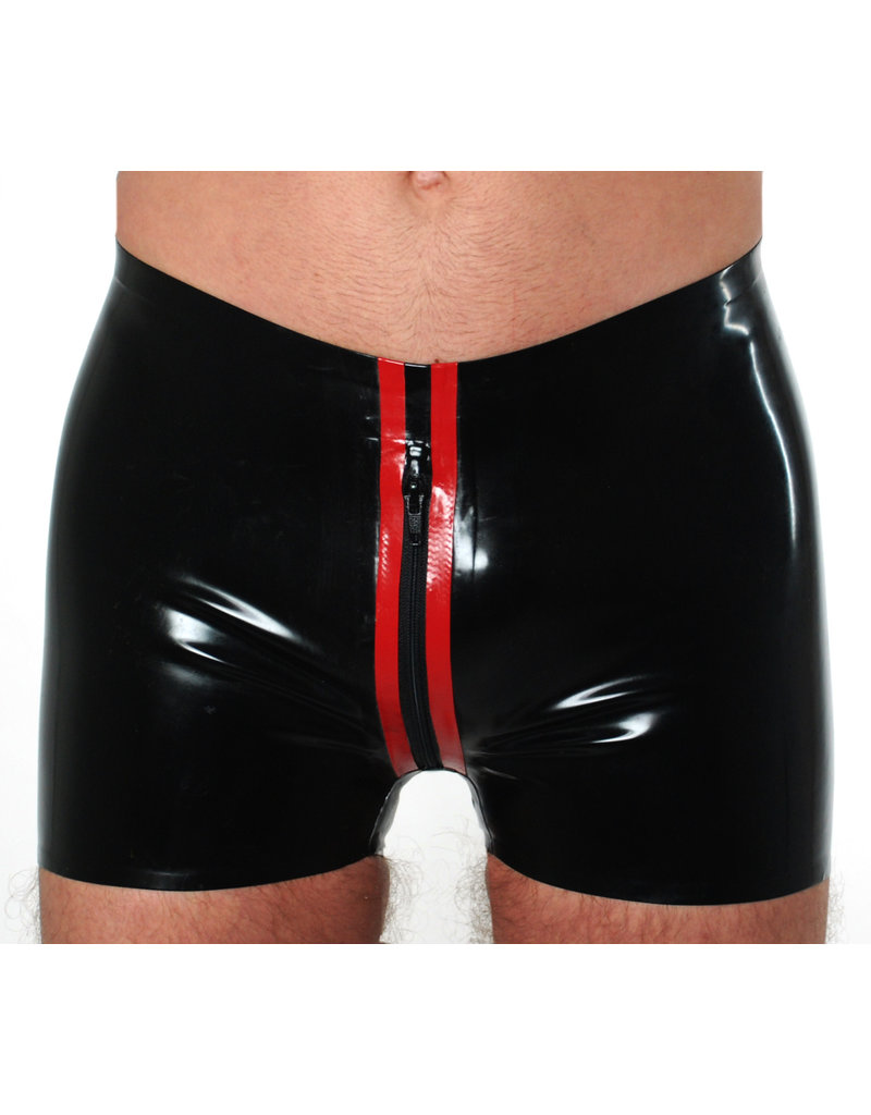 RoB Rubber horny fucker shorts black with front zip, open ass and colored stripes