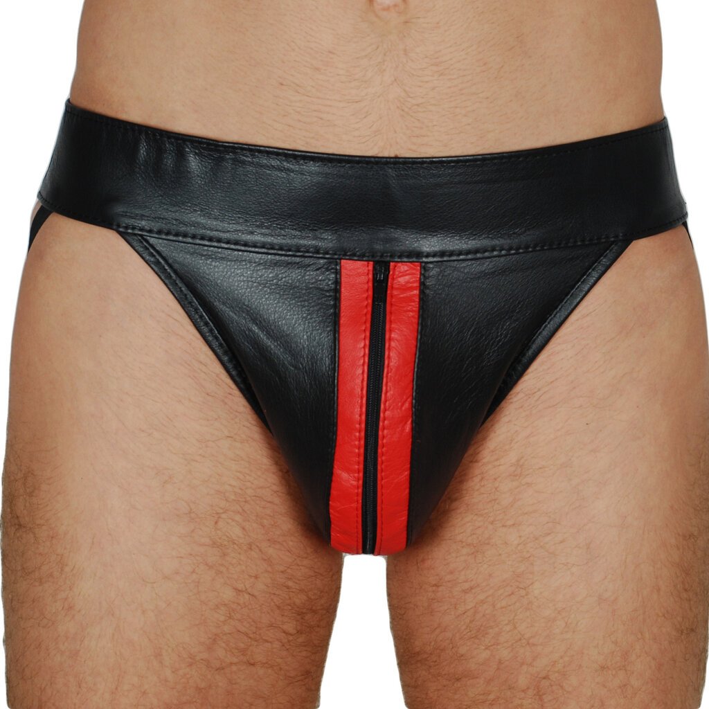 RoB Leather jockstrap with front zip and colored stripes