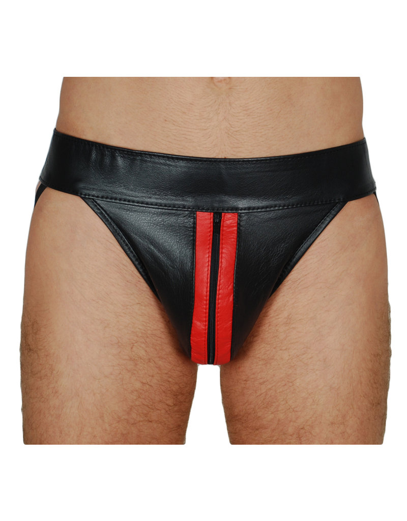 RoB Leather jockstrap with front zip and colored stripes