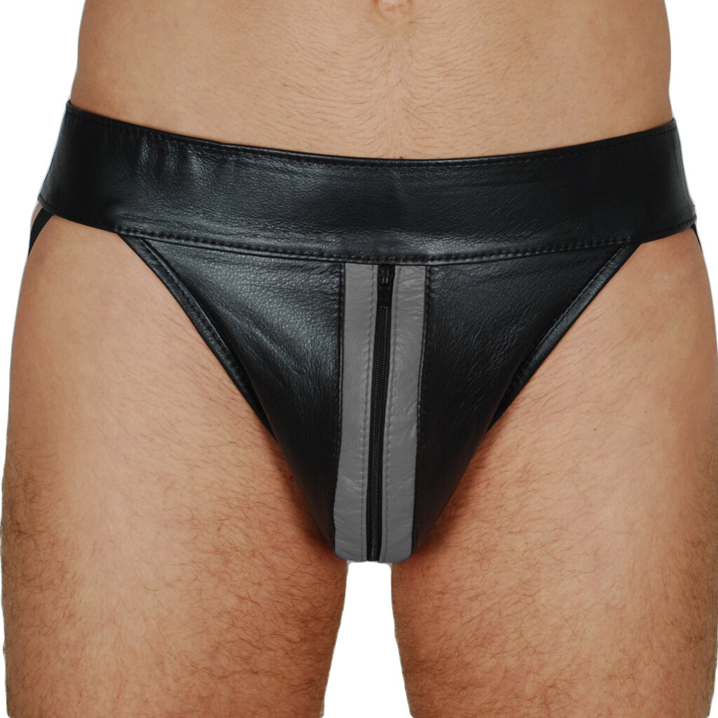 RoB Leather jockstrap with front zip and colored stripes