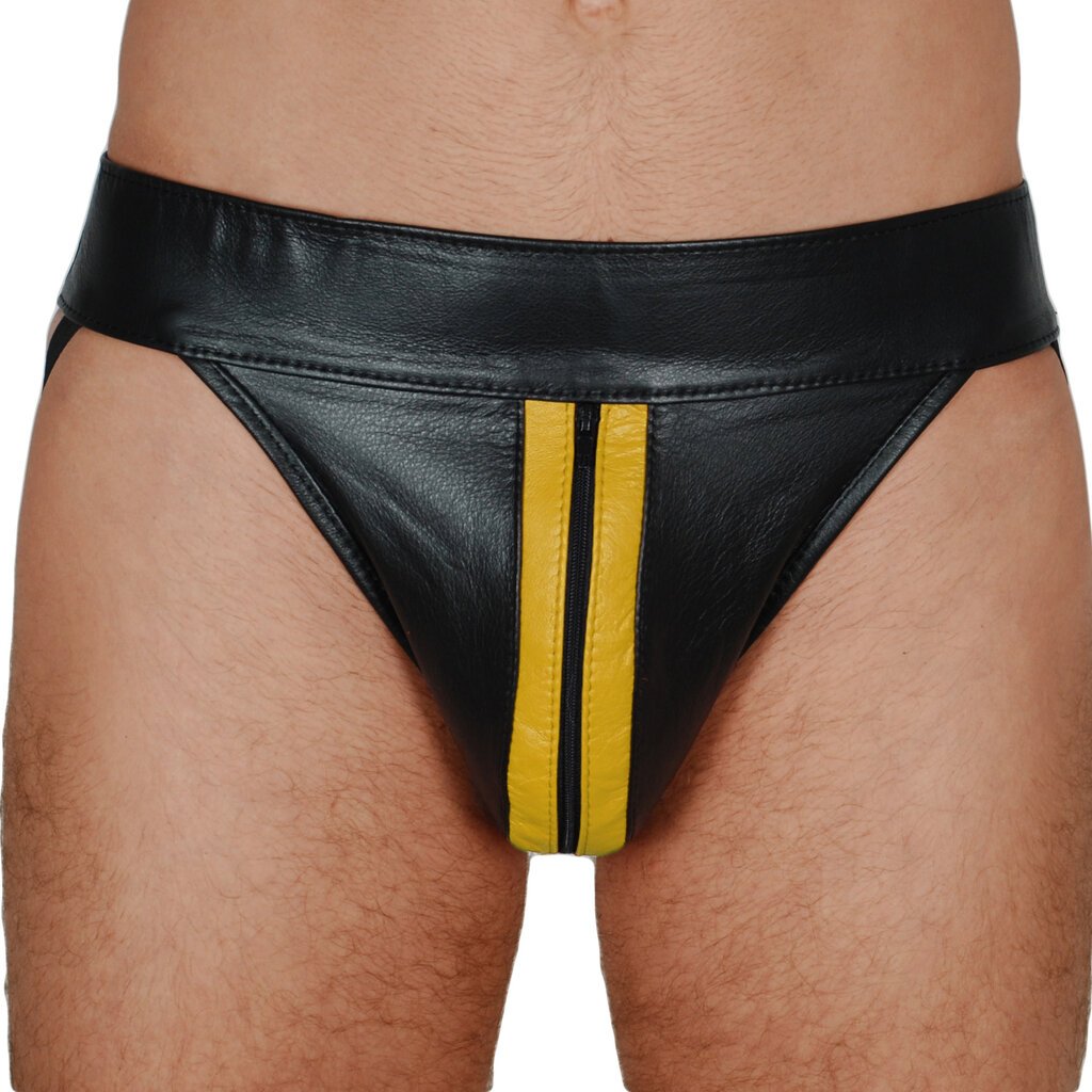 RoB Leather jockstrap with front zip and colored stripes