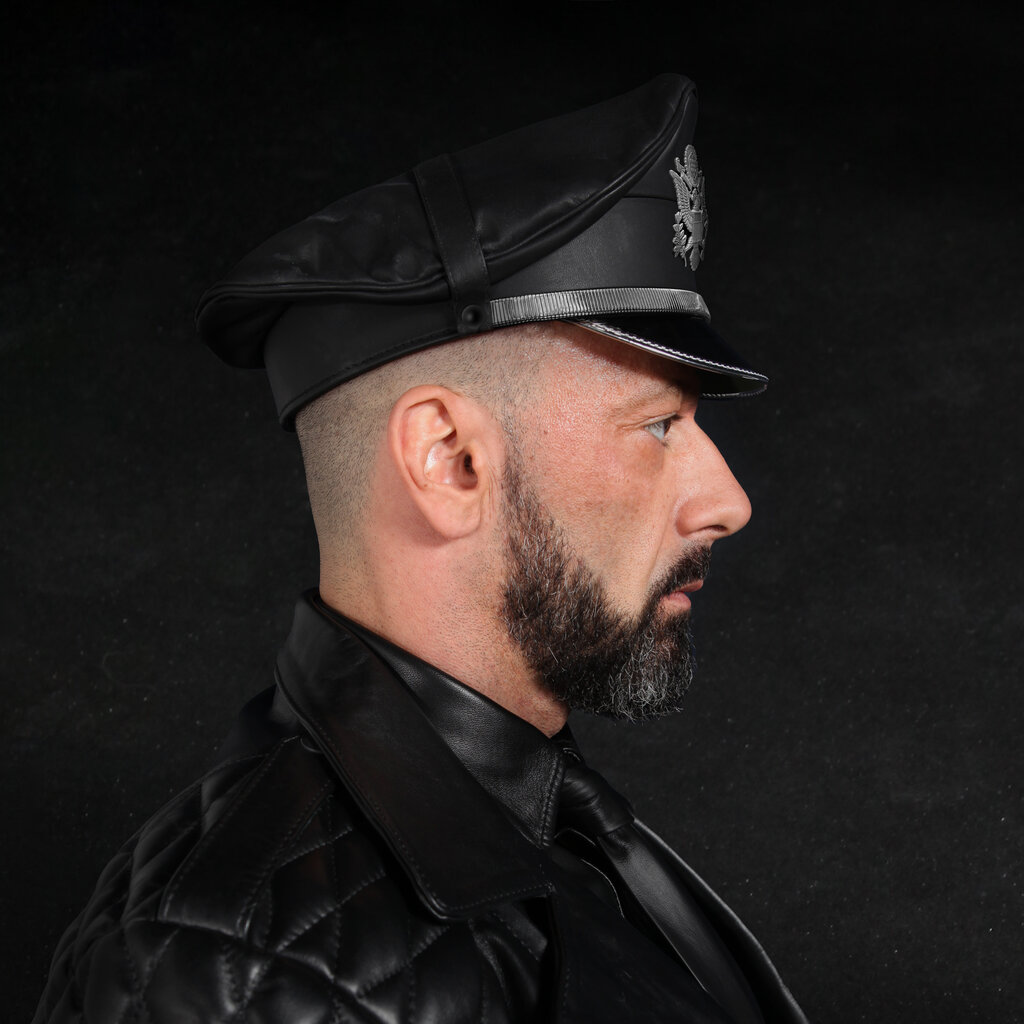 RoB Leather Military Cap, Silver Trim, Extension Strap & Patch
