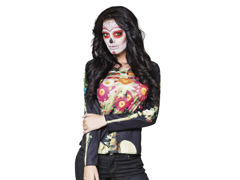 Fotorealistisch shirt Calaca maat M L Dia de los Muertos kleding MisterMask