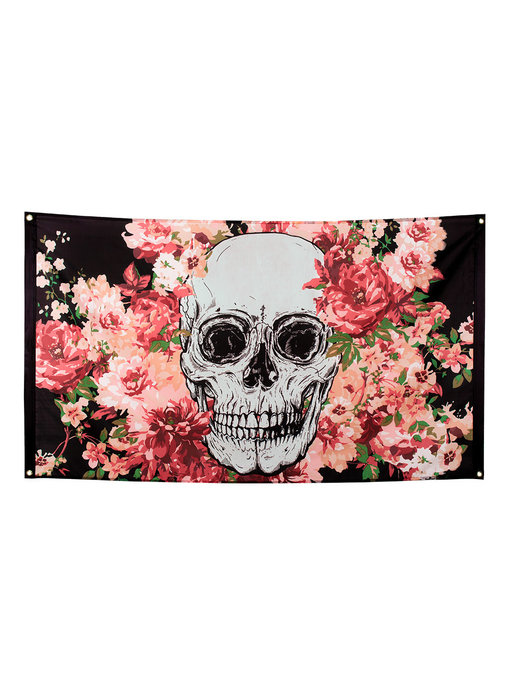 Vlag Day of the dead (90 x 150 cm) doodshoofd/schedel met rozen