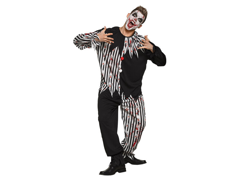 Clown kostuum Bloody Jester (volwassenen) zwart/wit gestreept (50/52 en 54/56)