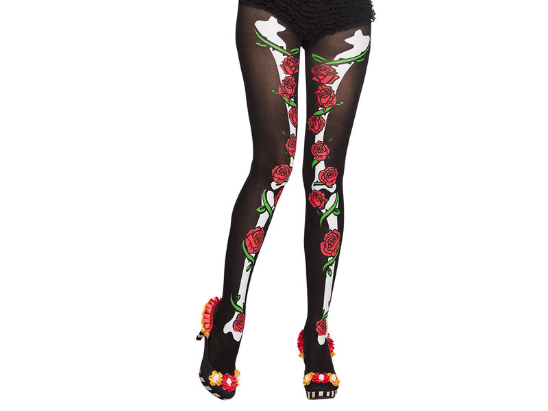 Collants (noir avec motif tête de mort/rose) thème Dia de lost Muertos / Day of the Dead