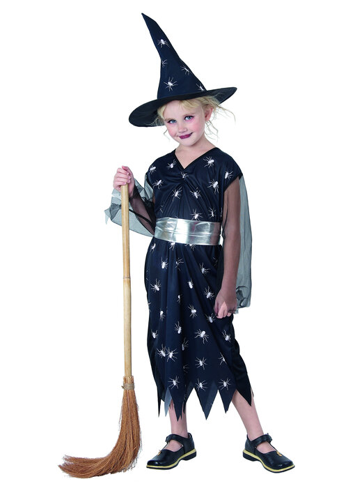 Costume per bambini vestito nero con motivo ragno 'strega' (10-11-12 anni)